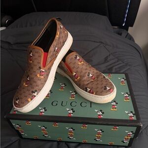 Gucci Brown Mickey Mouse Slip-On Shoes